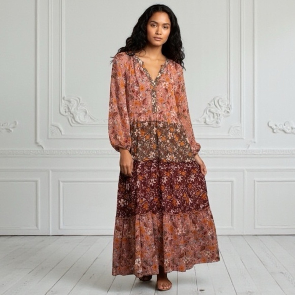 Figueroa & Flower Floral Tiered Maxi Dress Boho Cottagecore Size Large